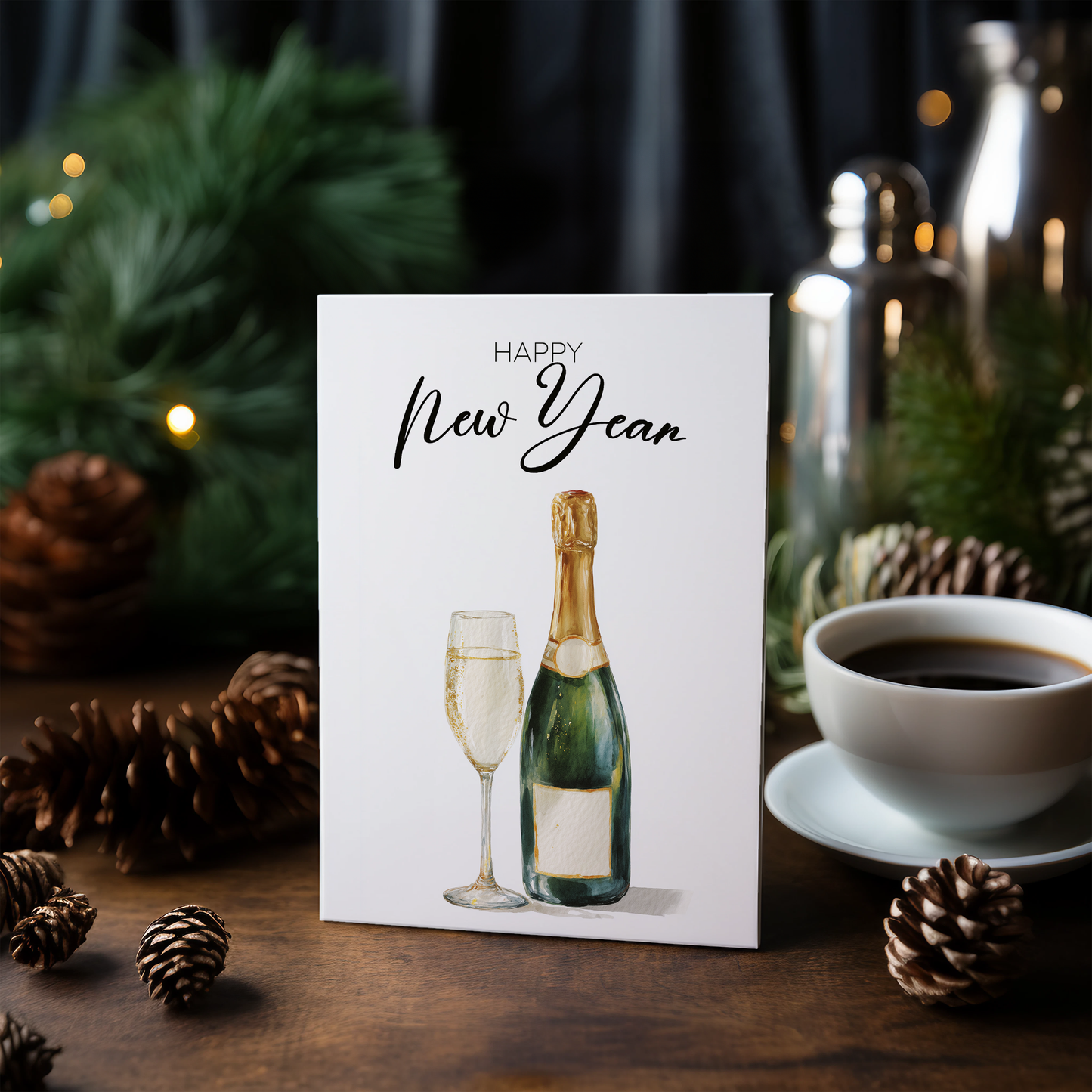Happy New Year (champagne bottle and glass) - Greeting Card