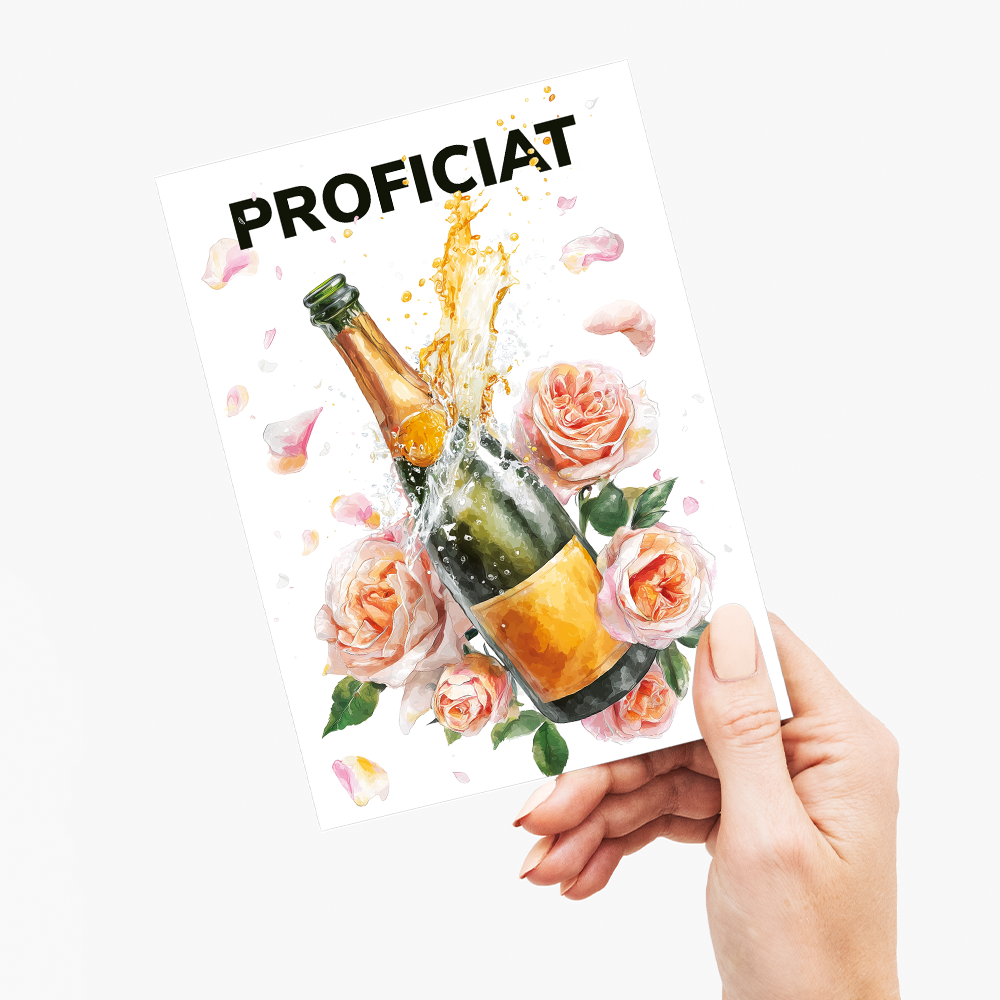 Proficiat (champagne bottle and roses) - Greeting Card