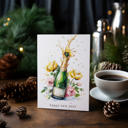 Happy New Year (champagne bottle and flowers) - Greeting Card