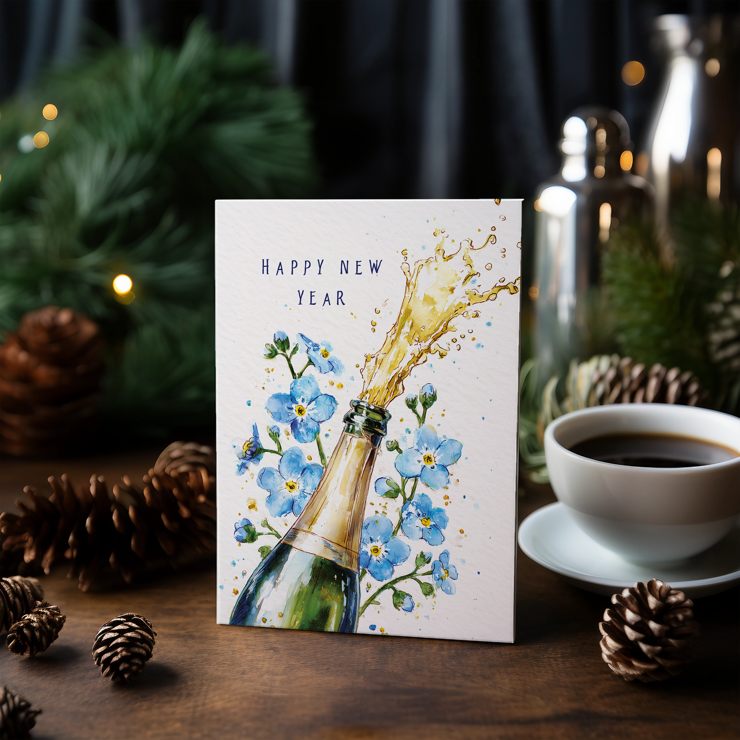 Happy New Year (champagne bottle and Foget me not) - Greeting Card