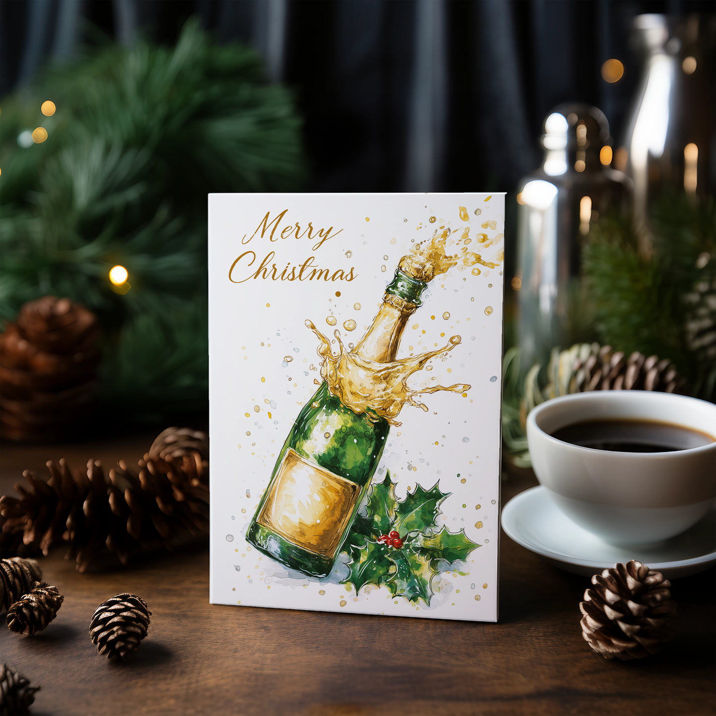 Merry Christmas (champagne bottle and holly) - Greeting Card