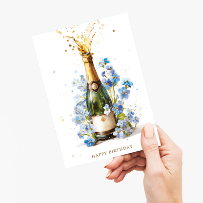 Happy Birthday (champagne bottle and Foget me not) - Greeting Card