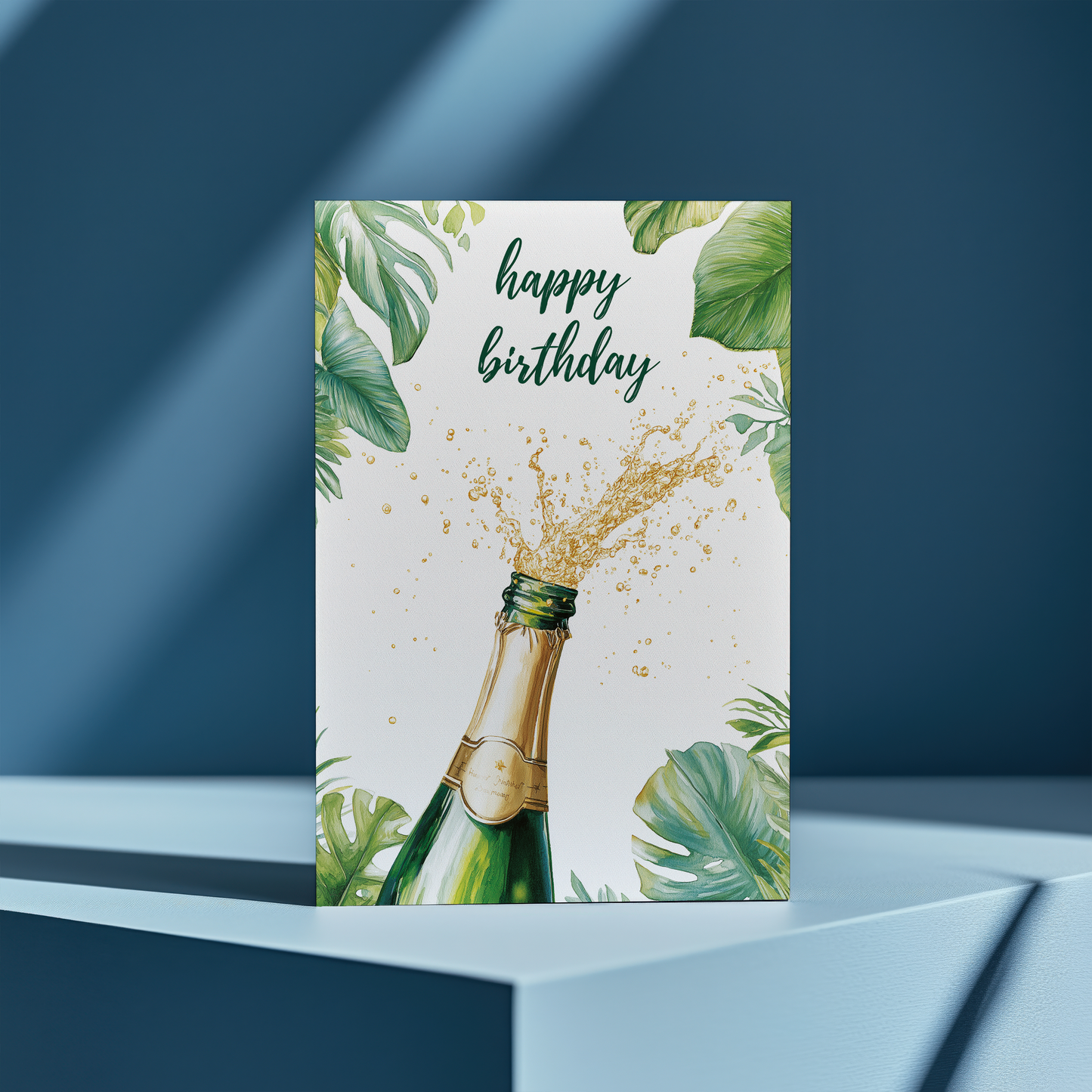 Happy Birthday (champagne bottle and Tropical leaves) - Greeting Card