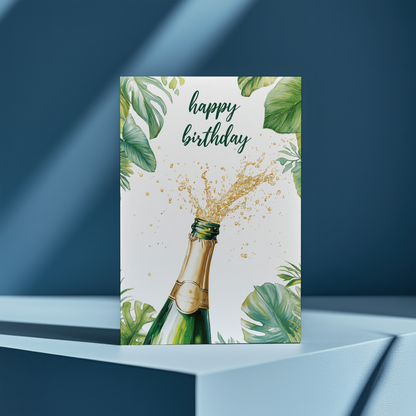 Happy Birthday (champagne bottle and Tropical leaves) - Greeting Card