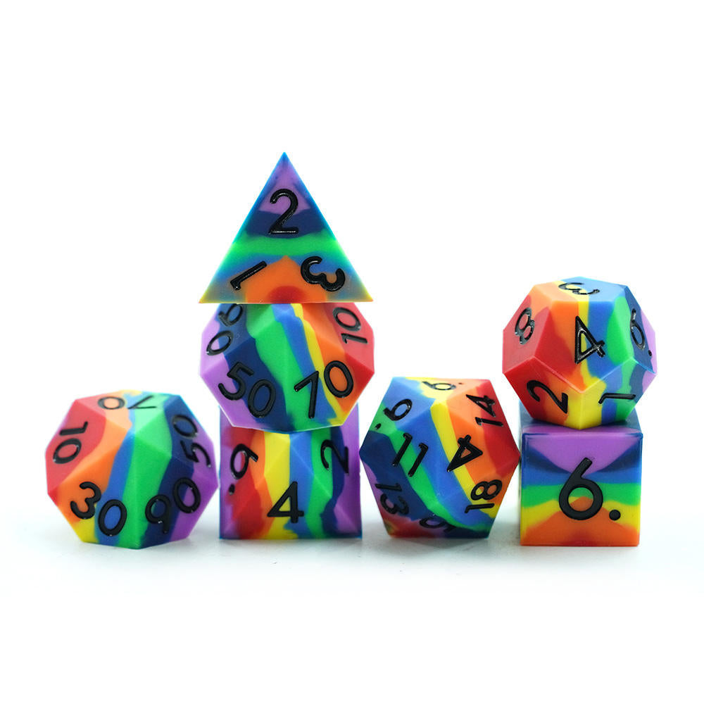 Silicone Rainbow RPG Dice Set | Polyhedral DND Dice with Black Numbers