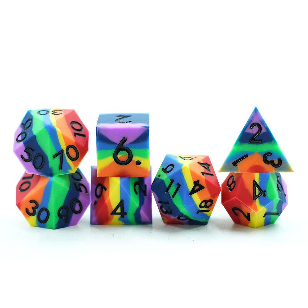 Silicone Rainbow RPG Dice Set | Polyhedral DND Dice with Black Numbers