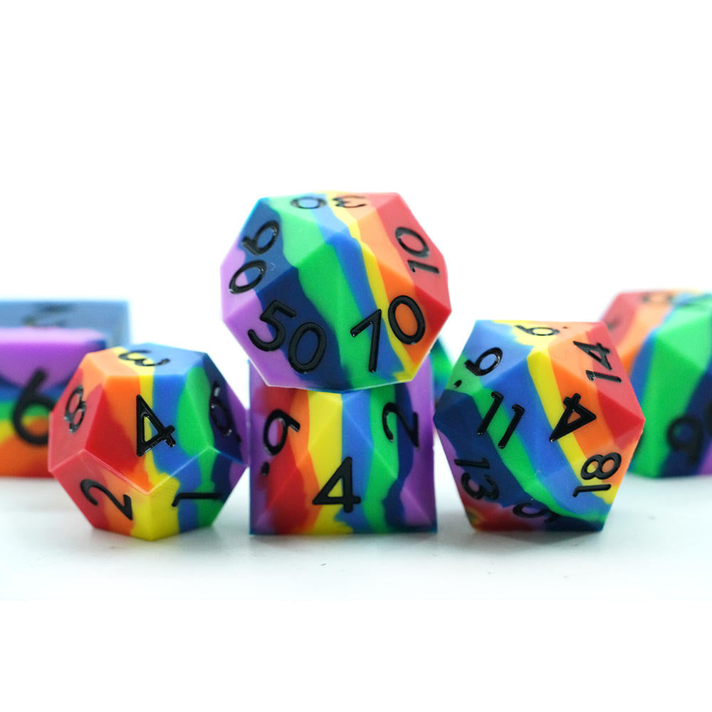 Silicone Rainbow RPG Dice Set | Polyhedral DND Dice with Black Numbers