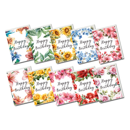 Botanical Flower Birthday Cards – Greeting Card Bundle (10-Pack, Floral Designs)