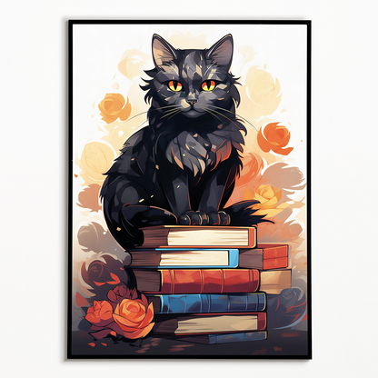 Cat on a pile of books (Art Deco) - Art Print