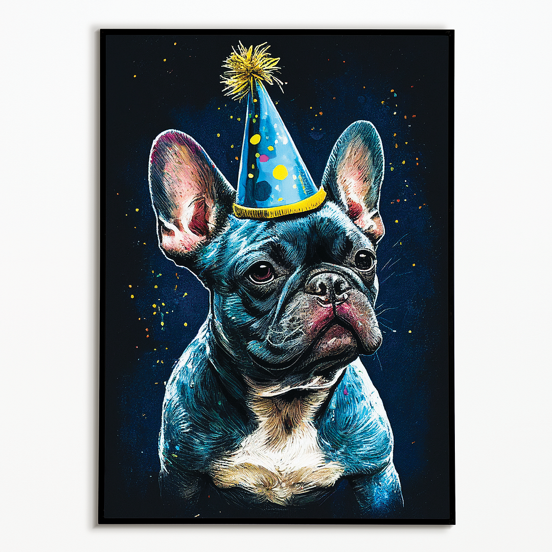 French bulldog with party hat in Van Gogh style - Art Print