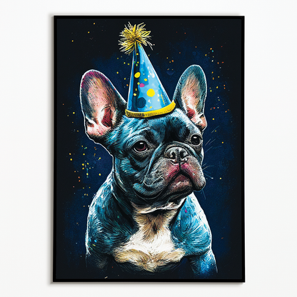 French bulldog with party hat in Van Gogh style - Art Print