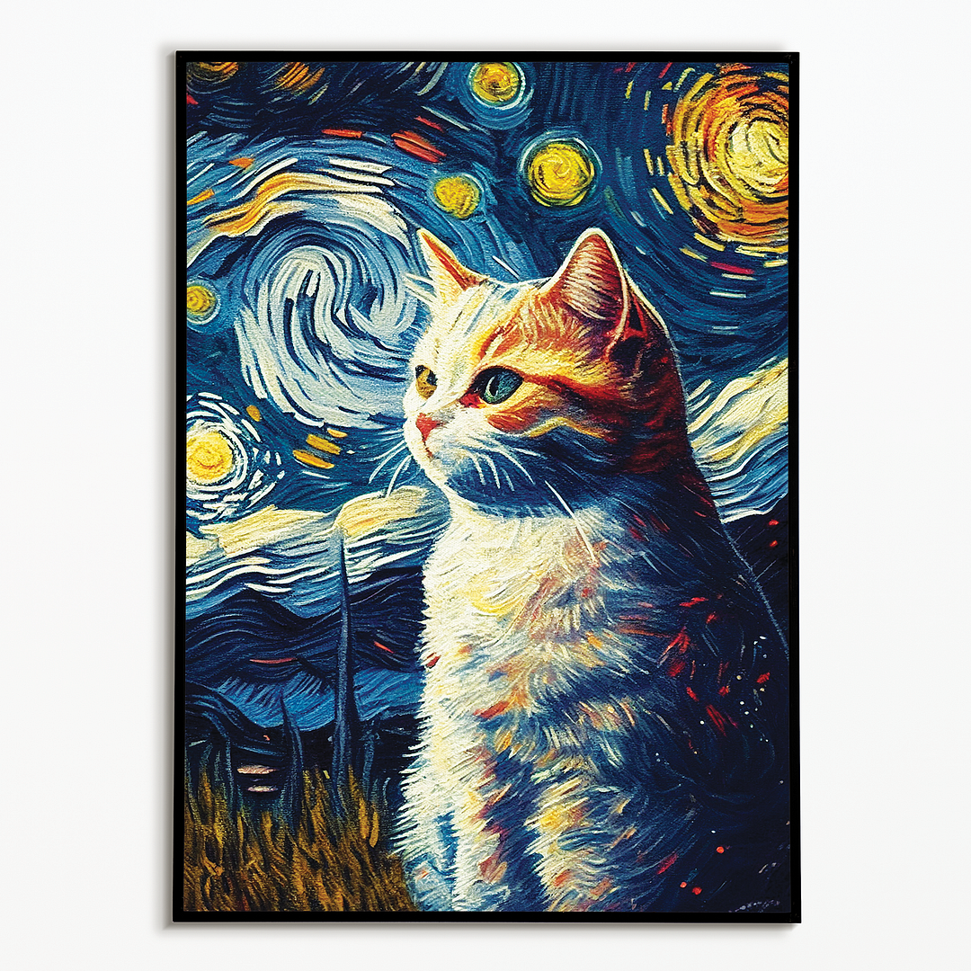 Cat in the Starry night in Van Gogh style - Art Print