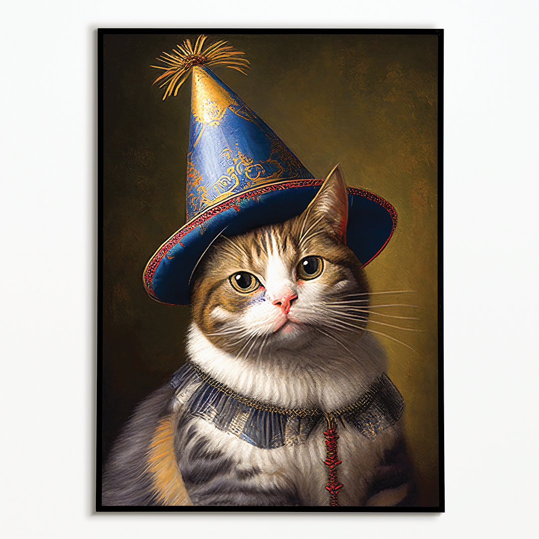 Renaissance portrait of a Cat with a blue party hat - Art Print