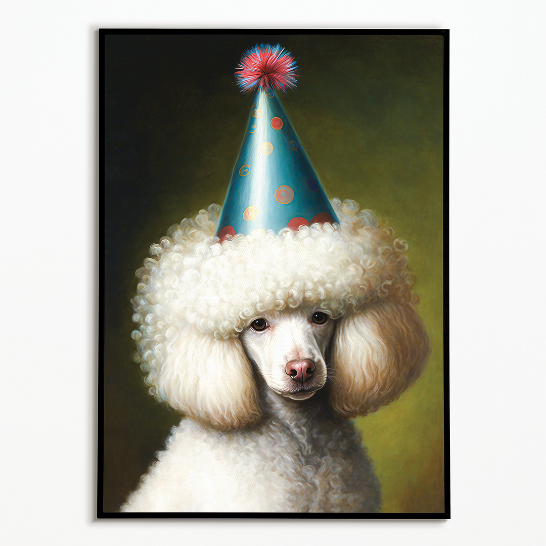Renaissance painting of a White poodle with a party hat on - Art Print