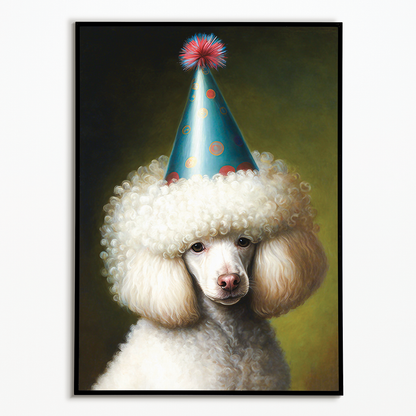 Renaissance painting of a White poodle with a party hat on - Art Print