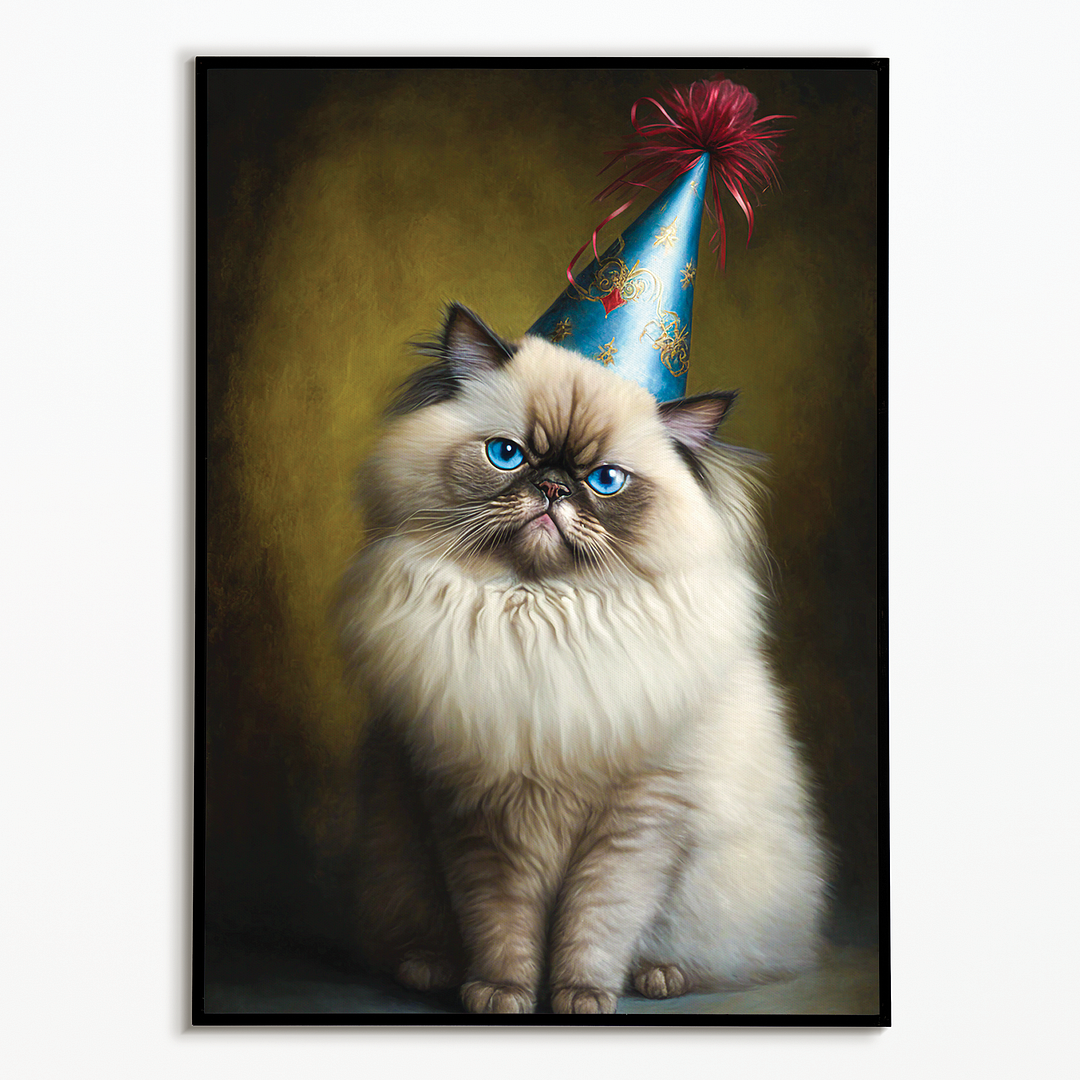 Renaissance painting of a Himalayan Cat Breed with a party hat on - Art Print
