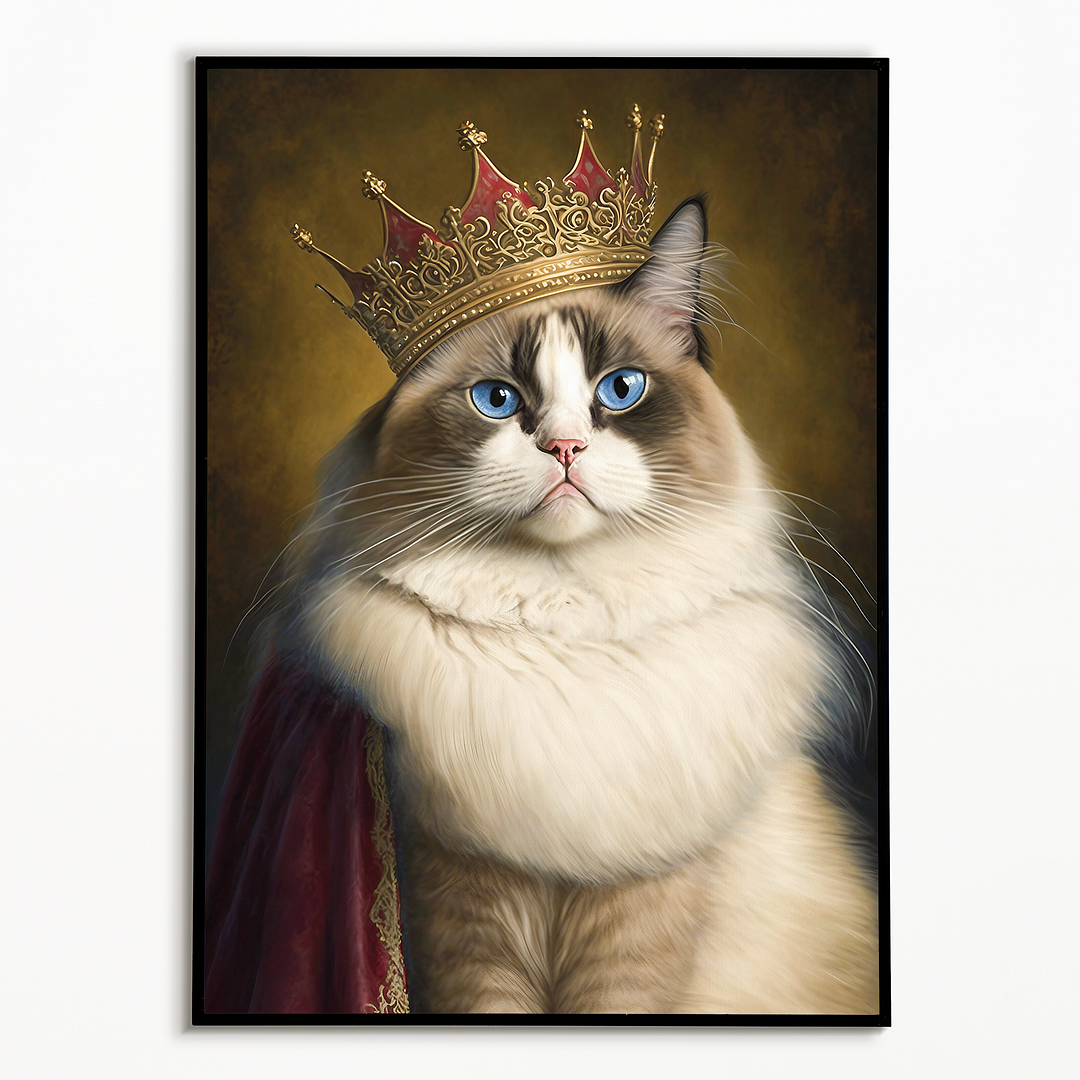 Renaissance painting of a Ragdoll Cat Breed with a queen crown on - Art Print