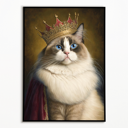 Renaissance painting of a Ragdoll Cat Breed with a queen crown on - Art Print