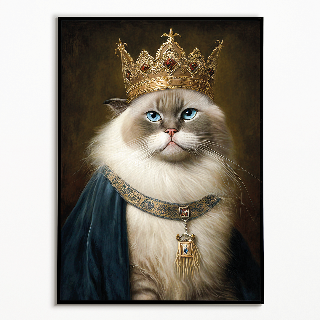 Renaissance painting of a Ragdoll Cat Breed with a Kings crown on - Art Print