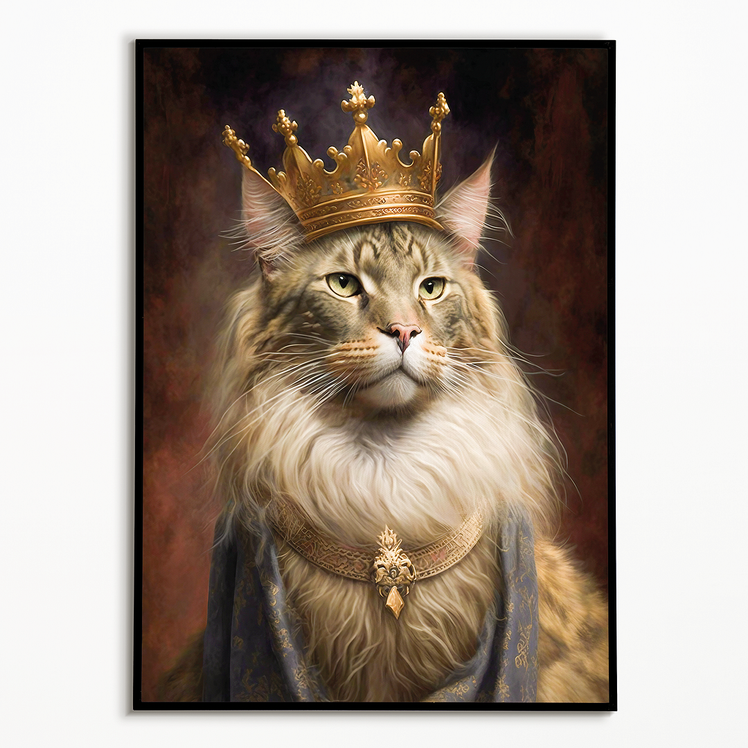Renaissance painting of a Maine Coon with a king's crown  - Art Print