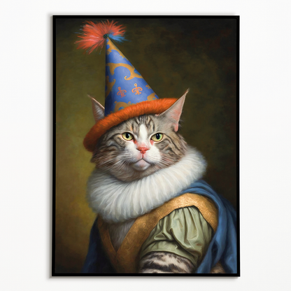 Renaissance painting of a Maine Coon with a party hat on - Art Print
