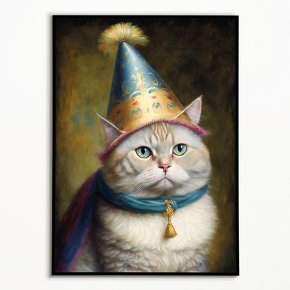Renaissance painting of a Persian cat with a party hat - Art Print