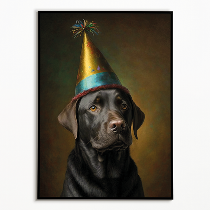 Renaissance painting of a black Labrador with a party hat - Art Print