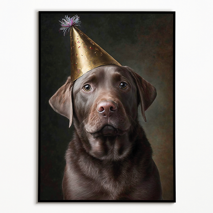 Renaissance painting of a brown Labrador with a party hat - Art Print