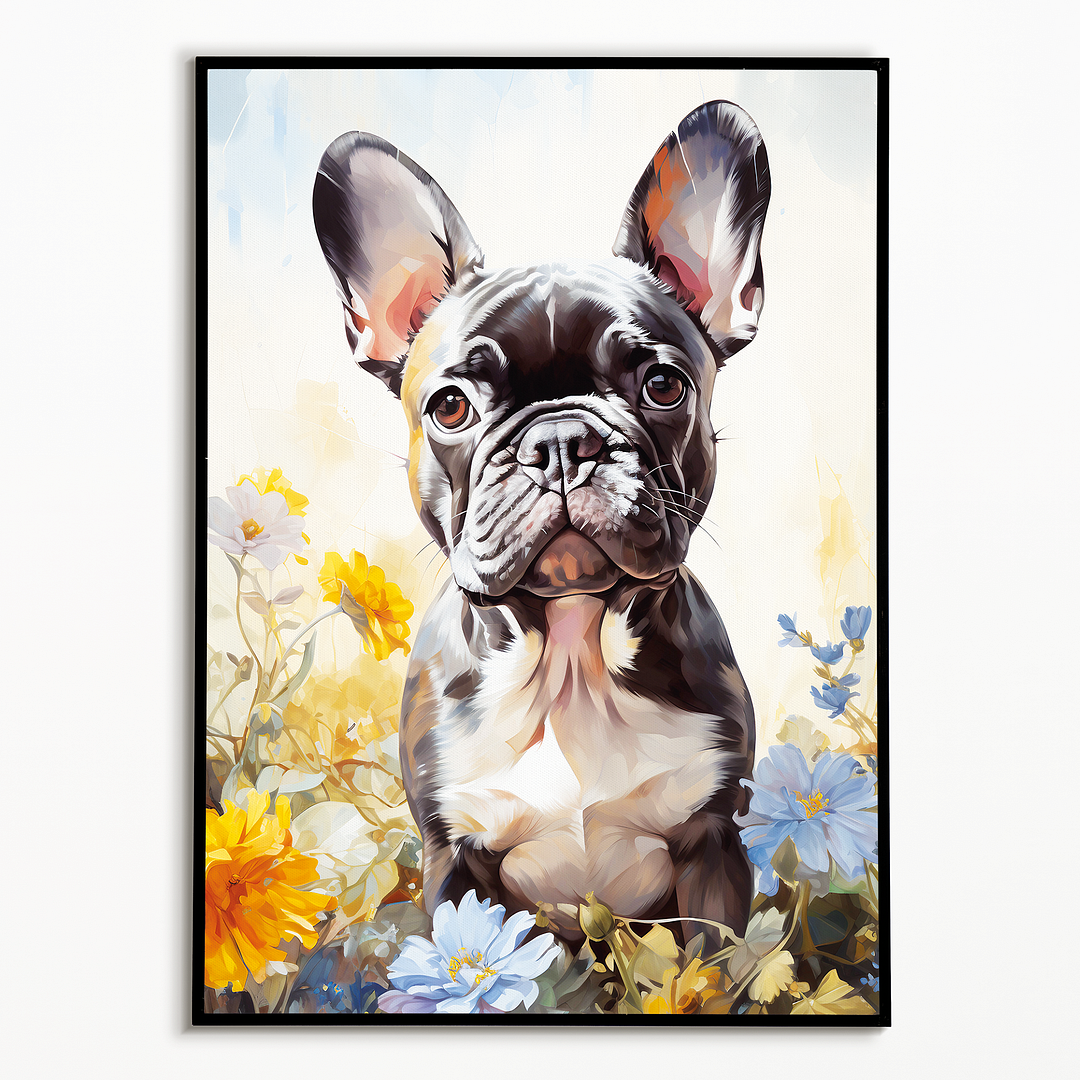 French bulldog surrounded by flowers  - Art Print