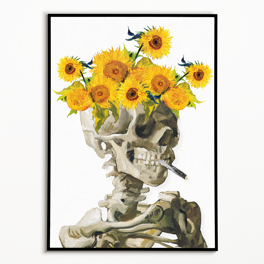 Head of a skeleton with sunflower crown - Art Print