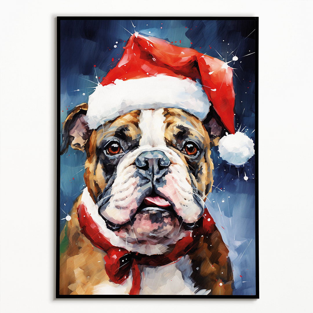 Painting of an english bulldog wearing a Christmas hat - Art Print