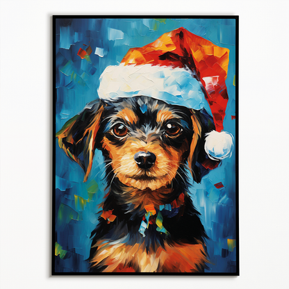 Painting of a cute puppy wearing a Christmas hat - Art Print