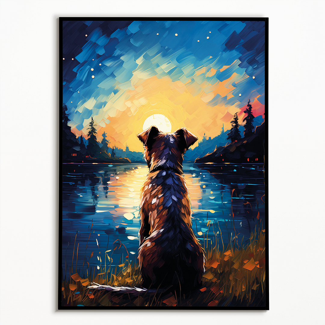 Dog looking at the sun set Van Gogh style - Art Print