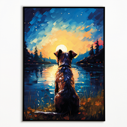 Dog looking at the sun set Van Gogh style - Art Print