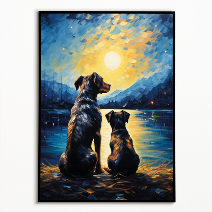 Dog and puppy looking at the starry night Van Gogh style - Art Print