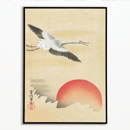 Crane flying at red moon By Kano Tsunenobu - Art Print