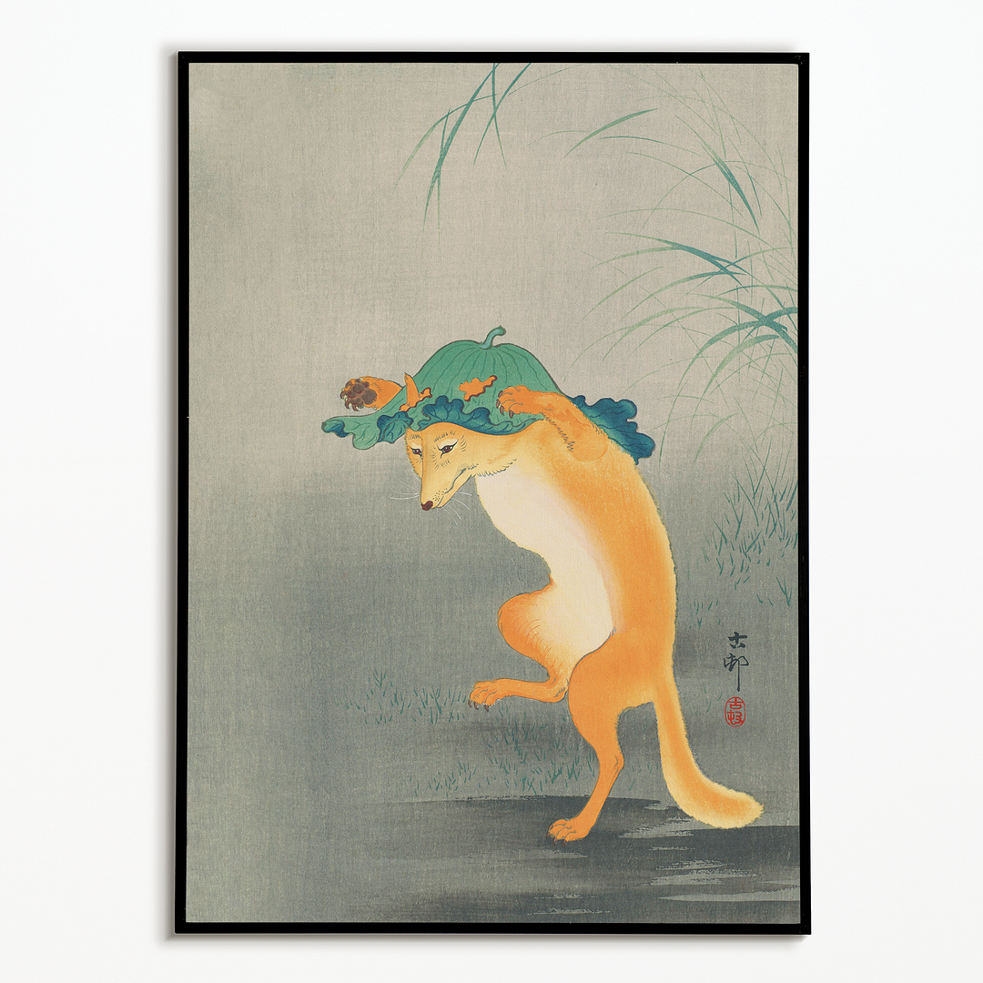 Dancing Fox with Lotus-leaf Hat By Ohara Koson - Art Print