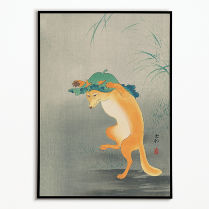 Dancing Fox with Lotus-leaf Hat By Ohara Koson - Art Print