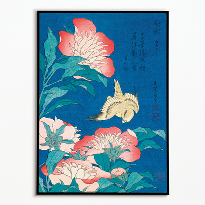 Katsushika Hokusai's peonies and canary - Art Print