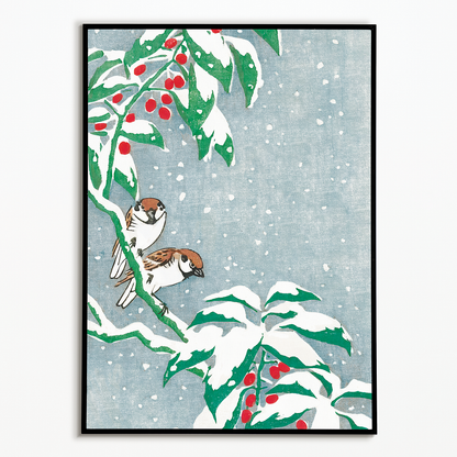 Sparrows on snowy berry bush By Ohara Koson - Art Print
