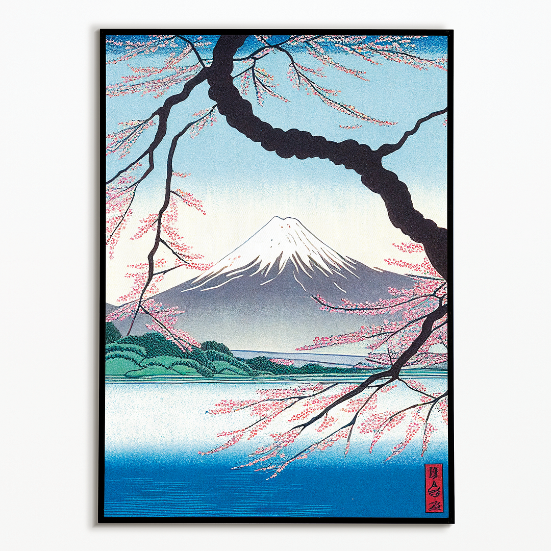 Mount Fuji framed by blossoms and a river - Art Print