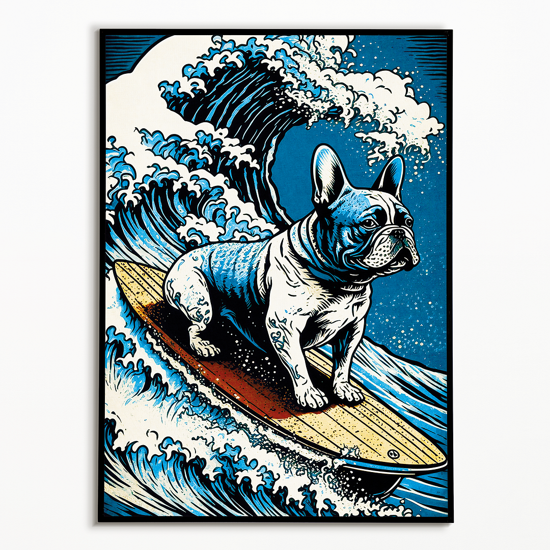 French bulldog surfing on the great wave - Art Print