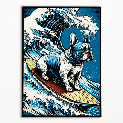 French bulldog surfing on the great wave - Art Print