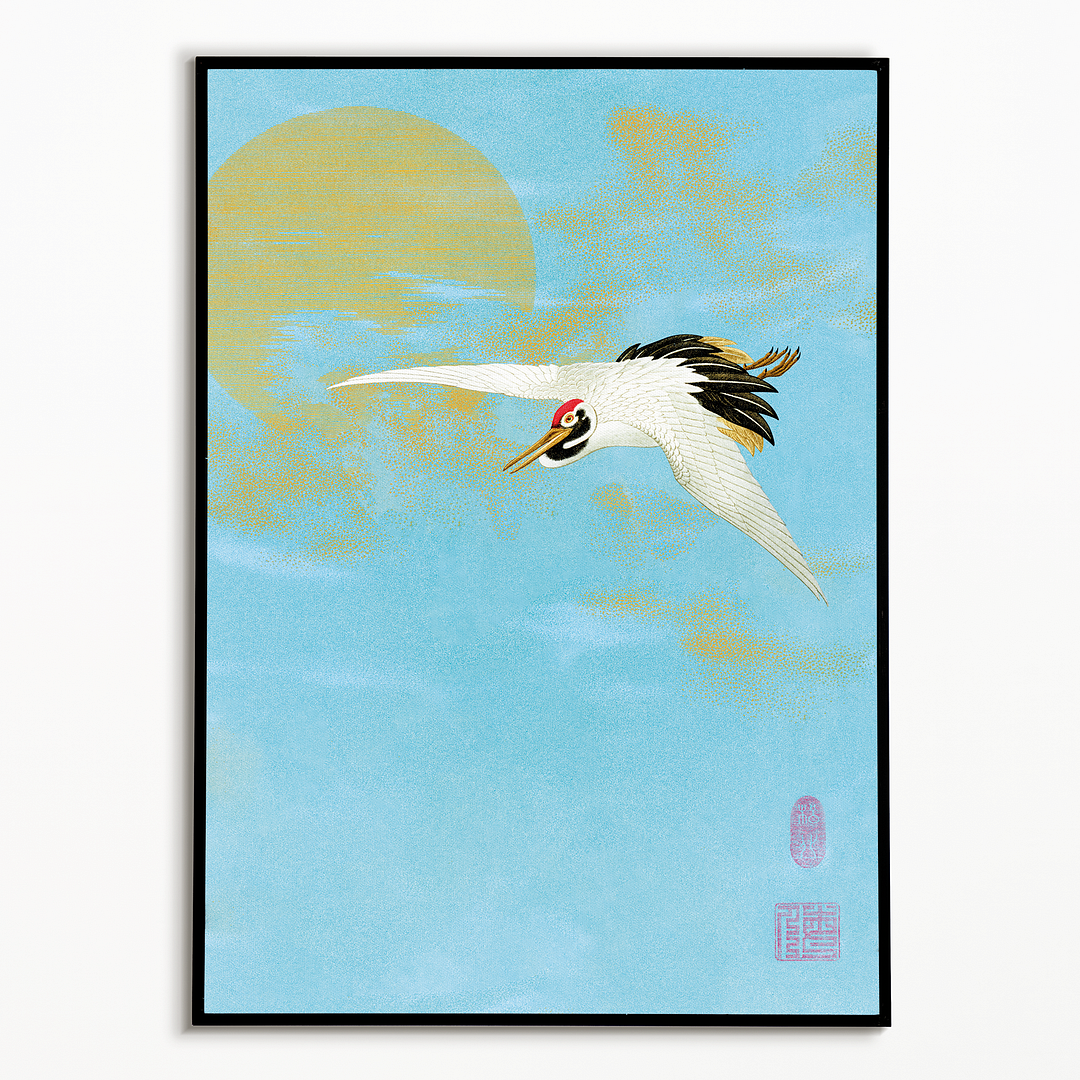 Sarus crane flying in front of the moon - Art Print