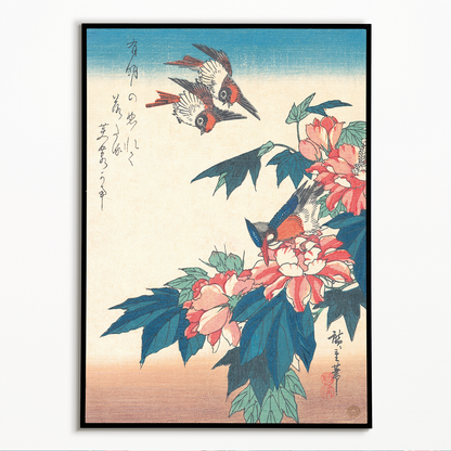 Swallows and Kingfisher with Rose Mallows by Utagawa Hiroshige - Art Print