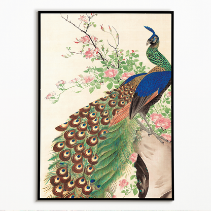 Peacock and flowers by Nagasawa Roshu - Art Print