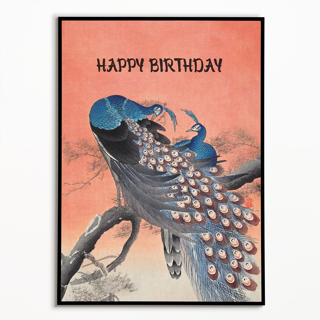 Two peacocks on tree branch (Happy Birthday) - Art Print