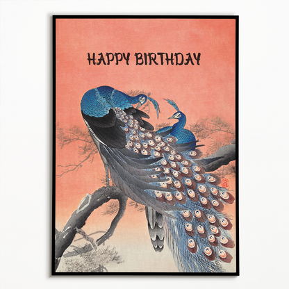 Two peacocks on tree branch (Happy Birthday) - Art Print