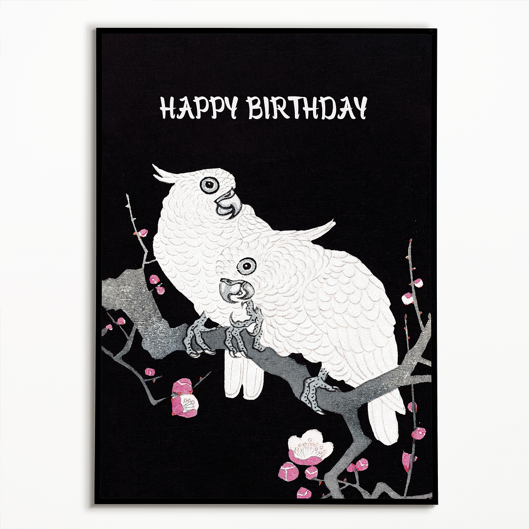 Two Cockatoos on a Branch with Plum Blossom (Happy Birthday) - Art Print