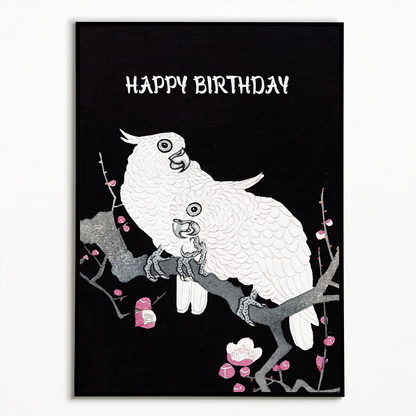 Two Cockatoos on a Branch with Plum Blossom (Happy Birthday) - Art Print